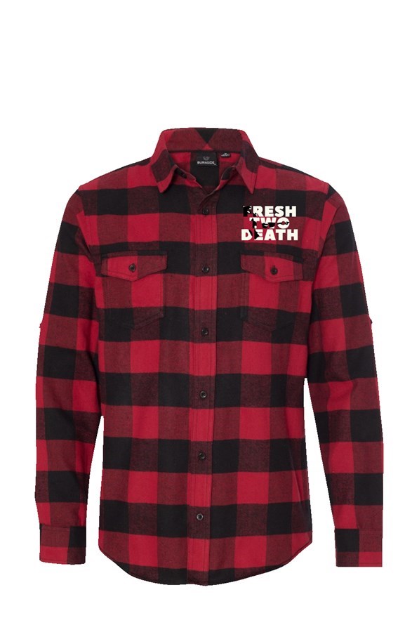 White  Embroidered Fresh Two Death Long Sleeve Black and Red Flannel 