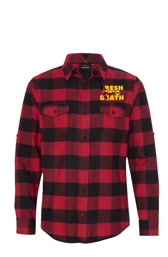 Gold Embroidered Fresh Two Death Long Sleeve Black and Red Flannel 